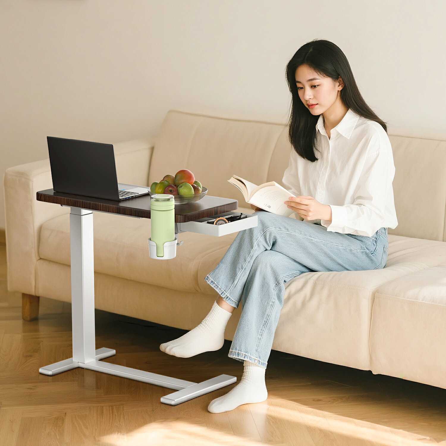 テーブル 幅60cm マルチテーブル 64cm〜102cm 高さ調整 キャスター付き 移動 収納 ベッドテーブル ベッドサイド サイドテーブル 机 パソコンデスク ソファテーブル
