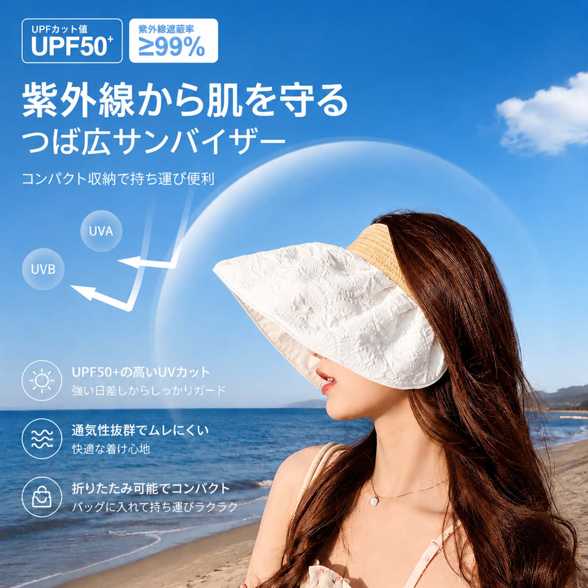 Rakuten - サンバイザー UVカット 帽子 レディース つば広 日よけ 日除け 99% 紫外線対策 遮熱 小顔効果 吸湿速乾 通気性 軽量 コンパクト 折りたたみ サイズ調整可能 伸縮バンド アウトドア 旅行 お出かけ ホワイト 白