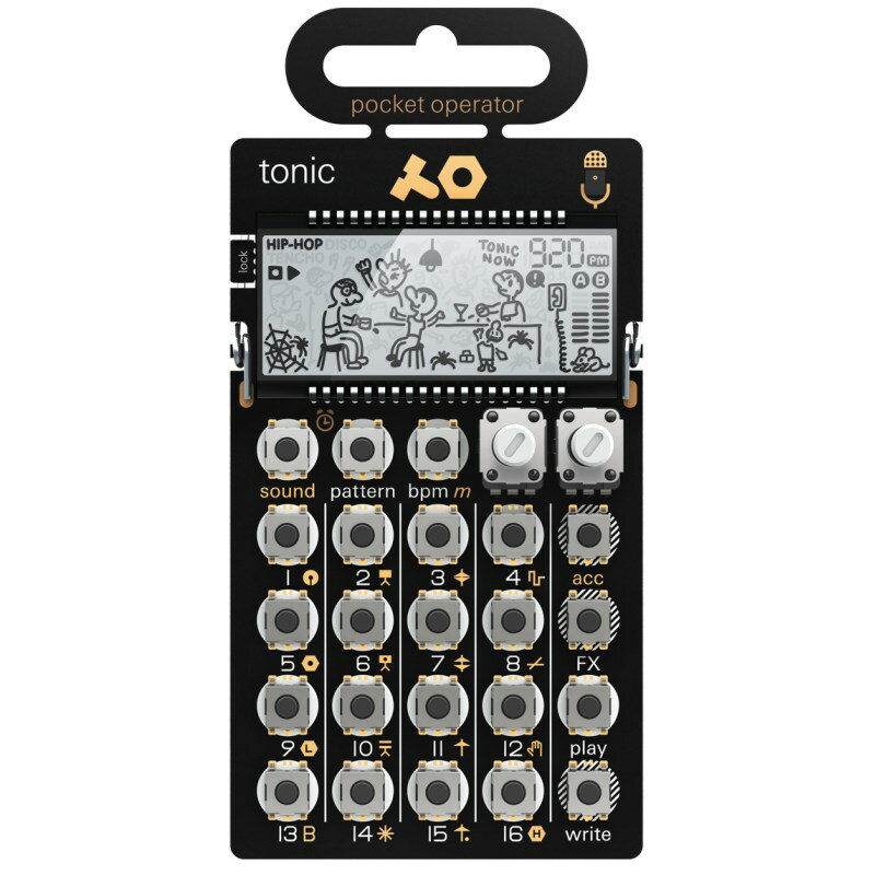 ■商品紹介電卓のような基板に本格的なシンセサイザー／シーケンサーを搭載するTeenage Engineering pocket operator POシリーズ。遊び心のあるそのデザインは音楽を超えてアート／ファッション分野からも注目を集めています。そんなPOシリーズの最新作、PO-32 tonicがついに登場！PO-32 tonic同士でのデータ転送に加えて、Sonic Charge社のドラムマシン・プラグイン、microtonicで作成したサウンドをPO-32の内蔵マイクを介して音声で転送することも可能！音色数の制限を取り払い、無限にサウンドを組み替えることができます。転送されたサウンドはシーケンサーでパターン作成、Sonic Chargeによる16個の内蔵エフェクトとプレイスタイルで加工でき、ステップごとに変化を記録するパラメーターロック機能も健在です。◎ PO-32 tonic 製品概要：ドラムマシンの新しい「ゴールド」スタンダード。本格的なシンセサイザー・エンジンシーケンサーパラメーター・ロックステップ・マルチプライヤーSonic Charge microtonic vstからサウンドを転送(※Sonic Charge microtonicは別売りです。)内蔵スピーカー内蔵マイクによるデータ転送3.5mm オーディオI/Oジャム演奏の同期動画LCDディスプレイ折りたたみスタンド書き込みロック・タブ時計 + アラーム機能電池駆動 (単4電池2本)最大連続使用時間：1か月最大保持期間 (スタンバイモード)：2年間検索キーワード：イケベカテゴリ_シンセサイザー・電子楽器_リズムマシン・サンプラー_Teenage Engineering_新品 SW_Teenage Engineering_新品 JAN:4533940072883 登録日:2017/05/11 ドラムマシン リズムマシン