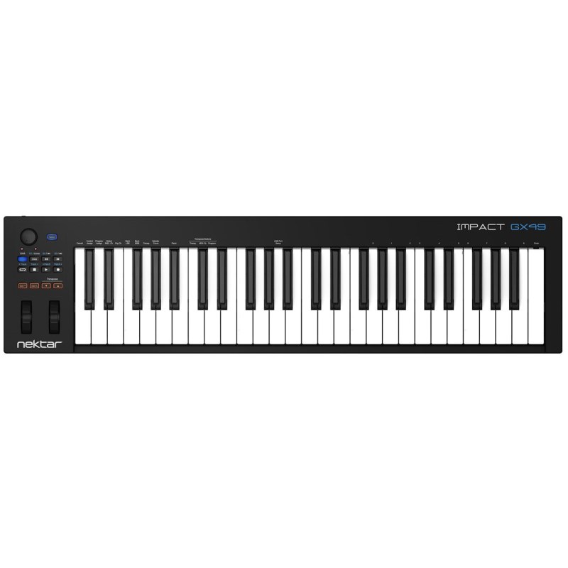 ■商品紹介演奏性、操作性を追求したシンプルな49鍵のUSB/MIDIキーボードコントローラーIMPACT GX はコンピューターを用いた音楽制作やパフォーマンスに適したキーボードコントローラーで、ダイナミックかつ表現力豊かなプレイを可能します。しかもシンプルにまとめられたデザインにより、煩わしい操作が不要で音楽に集中することができ、Nektar Technology社の製品ラインナップの中でもDAWインテグレーションへの入口といえるモデルです。よって、初めてのMIDI キーボードとしても最適です。49鍵（4オクターブ）と61鍵（5オクターブ）の2つのモデルがラインナップされ、ピッチベンドとモジュレーションホイール、フットスイッチ端子、-3/+4オクターブをシフト可能なマルチカラーのオクターブボタンなどを装備、優れたワークフローを提供します。専用のトランスポーズボタンを使えば、キーボードを±12半音でシフトすることが可能です。加えてこのボタンはグローバルMIDIチャンネルの設定やプログラムチェンジの送信にも使用可能。左上のノブはミキサーボリュームのコントロールが可能となっており（デフォルト時 MIDI CC#7）、お好みのMIDIパラメーターを割り当てることもできます。そして多くの主要DAWに対応する Nektar Technology 最大の特長であるDAWインテグレーションによって、IMPACT GX をコンピューターに接続すれば瞬時に制作システムの一部と化し、マウスをたびたび手にすることなく、作曲、演奏がより自由に行えるのです。製品仕様キーボード・49鍵（GX49）/61鍵（GX61）、ベロシティ対応、シンセアクション鍵盤・4種のベロシティカーブ + 3種の固定ベロシティコントロール・ピッチベンドホイール・モジュレーションホイール（CC#の割り当て可能）・コントロールノブ（CC#の割り当て可能）・オクターブシフトボタン (アップ/ダウン)・トランスポーズシフトボタン (アップ/ダウン、グローバルMIDIチャンネルやプログラムチェンジに変更可能)・7つの専用トランスポートボタン（シフトにより最大14種類のMIDIコントロールが可能）接続端子・フットスイッチ端子:1/4 TSジャック (MIDI設定可能)　*ハーフダンパー（3P）対応のペダルは使用不可・USBポート (USBバスパワー、クラスコンプライアント仕様)・Apple iPad 接続対応 (別売の Apple Camera Connection Kit が必要)寸法と重量IMPACT GX49：約80.3 x 19.7 x 7.0cm　(L x D x H) 約2.2kgIMPACT GX61：約96.5 x 19.7 x 7.0cm　(L x D x H) 約2.7kg動作条件・Mac OS X 10.7 以降、Windows 7 以降 (DAWの動作条件も併せてご確認ください)、Apple iOS検索キーワード：イケベカテゴリ_DTM_MIDI関連機器_MIDIキーボード_Nektar Technology_新品 SW_Nektar Technology_新品 JAN:4530027760305 登録日:2017/08/21 MIDIコントローラー ネクター