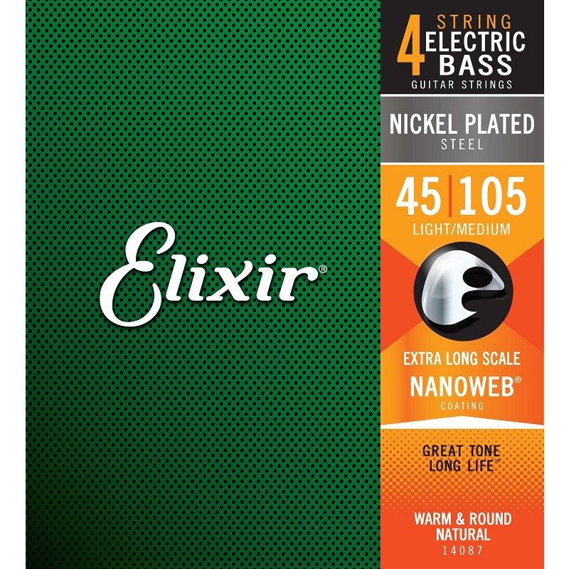  ELIXIR Nickel Plated Steel Bass Strings with ultra-thin NANOWEB Coating (Medium/XLong 045-105) #14087 ()