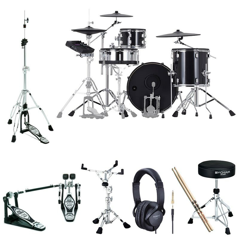 ■商品紹介【V-Drums Acoustic Designをご検討の方にオススメのイケベ・オリジナル・スターターセット！】【VAD504 Basic Set / Twin Pedal】電子ドラム本体とメーカー推奨のドラムスタンドをセットにして、さらにセッティング・演奏に必要なツインペダル、スネアスタンド、ハイハットスタンド、スローン（ドラムイス）、ドラムスティック、ヘッドフォンを加えたお買い得なセットです！これさえ買えばすぐに本格的なドラム演奏が始められますよ！＜セット内容＞●電子ドラム---------------＜Roland VAD504＞●ドラムスタンド-------------＜Roland DTS311＞●ツインペダル-----------＜TAMA Iron Cobra 600 [HP600DTW]＞●スネアスタンド-------＜TAMA Roadpro Snare Stand [HS80W]＞●ハイハットスタンド-------＜TAMA Iron Cobra 600 [HH605]＞●ドラムスローン（イス）--＜TAMA HT230＞●スティック----------------＜Vic Firth 5A＞●ヘッドフォン--------------＜Roland RH-5＞※電子ドラム本体以外の付属品は、在庫状況により同等品または同等品以上に代えさせて頂く場合がございます。あらかじめ御了承下さいませ。【アコースティック・ドラムのようなルックスと演奏感を提供するV-Drums Acoustic Designシリーズに、さらに表現力を高めた『VAD504』が登場！存在感のある木製深胴シェル、1タム1フロアの3点キット！】『VAD504』は、アコースティック・ドラムのような見た目と演奏感覚に加え、V-Drums でしか得られない臨場感のあるサウンドを楽しめるV-Drums Acoustic Designです。多彩な音色とカスタマイズ機能を持つ音源モジュール『TD-27』に新しいキットや機能を追加。『VAD503』『VAD506』で採用されたスネアとライドのデジタル・パッドに加えて、ハイハットもデジタル・パッド『VH-14D』を標準装備。ドラマーの演奏をさらに忠実に表現できるようになりました。また、コーチ機能やBluetooth (R)オーディオも搭載しているので、アコースティック・ドラムを叩いているのと同じ感覚で、練習したり好きな楽曲とセッションしたりすることが可能です。＜POINT＞・木製シェルとダブル・レッグのスタンドを備えたV-Drums Acoustic Designキット。・Prismatic Sound Modeling テクノロジーを備えた音源モジュール『TD-27 Ver2.0』。・最新トレンドに合わせて作成した新規キットを、10キット追加。・一部の既存キットを音源のバージョンアップに合わせてリメイク。・PureAcoustic Ambience テクノロジーにより、プレイヤー・ポジションでのリアルな音場を再現。・高度なマルチ・センサーの搭載で、演奏表現力が飛躍的に向上したデジタル・スネアとデジタル・ライドに加えて、デジタル・ハイハットをセット・アップ。・アコースティック・シンバルの打感により近い、薄型シンバル『CY-14C-T』を採用。・39種類のユーザー・サンプルをプリロード。・『TD-50X』で好評のTransient 機能がユーザー・サンプルでも使用可能に。・スマートフォンなどを接続し、本体から好きな曲を再生できるBluetooth オーディオ搭載。・Roland Cloud Kit Contents 経由で新しいキットを追加可能に。[V-Drums Acoustic Designだから実現できる自然な演奏感]『VAD504』は、アコースティック・ドラムのような外観だけではなく、演奏時のパッドの揺れ具合や叩き心地といった演奏感覚にもこだわりました。また、フラッグシップ・モデル『VAD706』で採用した、コンビネーション・スタンドとシンバル・ブーム・スタンドをセット・アップすることで、セッティングの幅が広がります。演奏者のスタイルに合わせて、自由にアレンジし演奏を楽しむことが可能です。[新規キットユーザー・サンプルを強化]『TD-27KV2』は『TD-27KV』に搭載されていたキットに加えて、新たに10キットを追加。また、一部の既存キットを見直しリメイク。ユーザー・サンプルも39種類がプリロードされています。さらに、フラッグシップ音源モジュール『TD-50X』で好評のTransient機能がユーザー・サンプルでも使用できるので、音色カスタマイズの幅も広がります。今まで以上に表現力豊かなドラム・サウンドを奏でることができます。[デジタル・ハイハット『VH-14D』を標準装備]複数のセンサーを搭載することで表現力を劇的に進化させたデジタル・パッド。『VAD504』では、従来のスネアとライドに加え、ハイハットもデジタル・パッド『VH-14D』をセット・アップしました。ドラム・パフォーマンスを左右するスネア、ライド、ハイハットのデジタル化で、微妙なニュアンスも余すところなく表現可能です。[スマートフォンやタブレットとBluetooth オーディオ接続]『VAD504』は、Bluetoothオーディオ機能を搭載。お持ちのスマートフォンやタブレットを接続して、お好きな曲を再生して一緒に演奏することができます。お気に入りの音楽とセッションできれば、より気持ちよくドラムを叩くことができるでしょう。[Roland Cloud と連携して自分好みに『TD-27』をカスタマイズ]Roland Cloud Kit Contents にて、『TD-27』専用のキットを順次アップロードします。お好みのキットを選んで、お持ちの『TD-27』に追加することで、ドラム演奏をさらにお楽しみいただけます。●キット構成【VAD504】ドラム・サウンド・モジュール: TD-27 Ver 2.0 ×1スネア: PD-140DS ×1タム1: PDA100-MS ×1タム3: PDA140F-MS ×1ハイハット: VH-14D ×1クラッシュ1: CY-14C-T ×1ライド: CY-18DR ×1オール・パーパス・クランプ: APC-10 ×1キック：KD-200-MS ×1ドラム・スタンド: DTS311（ドラム・ブーム・スタンド：DBS-30×1、ドラム・コンビネーション・スタンド：DCS-30×1）※SDカードは製品に含まれません。●付属品：音源用マウント、ACアダプター、専用接続ケーブル、ドラム・キー、セットアップ・ガイド、取扱説明書（保証書）、ローランド ユーザー登録カード●別売品：パーソナル・ドラム・モニター[PM]シリーズ、Vドラム・アクセサリー・パッケージ[DAP]シリーズ、 Vドラム・マット[TDM]シリーズ、ノイズ・イーター[NE]シリーズ●外形寸法（必要占有面積）：幅 (W)1700mm 奥行 (D)1400mm 高さ (H)1200mm■仕様詳細●主な仕様音源・ドラム・キット数100（プリセット：75）・音色数：728・ユーザー・サンプル：ユーザー・サンプル数＝最大500（製品出荷時のユーザー・サンプルを含む）・音の長さ（合計）：モノラル24分、ステレオ12分、ファイル形式：WAV（44.1kHz、16/24ビット）・エフェクト：パッド・コンプレッサー（パッドごと）、パッド・イコライザー（パッドごと）、オーバーヘッド・マイク・シミュレーター、ルーム／リバーブ、・マルチ・エフェクト：3系統、30種類、マスター・コンプレッサー、マスター・イコライザー・Bluetooth：対応規格＝Bluetooth 標準規格Ver 4.2、対応プロファイル＝A2DP（オーディオ）、GATT（MIDI over Bluetooth Low Energy）、対応コーデック＝SBC（SCMS-T方式によるコンテンツ保護に対応）ソング・プレーヤー（SDカード）：ファイル形式＝ WAV（44.1kHz、16/24ビット）MP3 ※1・レコーダー：レコーディング方法＝リアルタイム、最大録音時間＝60分（一時録音：3分）※2、ファイル形式＝WAV（44.1kHz、16ビット）・ディスプレイ：グラフィック：LCD256×80ドット・外部メモリー：SDカード（SDHC対応）・接続端子：TRIGGER INPUT端子＝1（キック、スネア、タム1、タム2、タム3、ハイハット、クラッシュ1、ライド、ライド・ベル、ハイハット・コントロール）（25 ピンD-sub タイプ）※3TRIGGER IN 端子＝4（クラッシュ2、AUX1、AUX2、AUX3）（TRS 標準タイプ）※3DIGITAL TRIGGER IN端子＝3（USB Aタイプ）MASTER OUT端子＝2（L/MONO、R）（標準タイプ）DIRECT OUT端子＝2（MONO 標準タイプ）PHONES端子＝1（ステレオ標準タイプ）MIX IN端子＝1（ステレオ標準タイプ）MIDI端子＝1（IN、OUT/THRU）USB COMPUTER端子＝1（USB Bタイプ）FOOT SW端子＝1（TRS 標準タイプ）DC IN端子＝1・ USB COMPUTER 端子：速度＝ Hi-speed USB、ドライバー・モード＝ジェネリック／ベンダー、対応通信＝ USB-MIDI ／ USB-Audio ※4 ／ USBオーディオ：サンプリング周波数（オリジナル）＝44.1kHz、サンプリング周波数（サンプリング・レート・コンバーター使用）＝ 96kHz， 48kHz、録音＝28 チャンネル、再生＝4チャンネル・電源：AC アダプター（DC9V）／消費電流：770mA※1：オーディオ・ファイルは、SDカードに保存されている必要があります。※2：録音には、SDカードが必要です。SDカードがない場合、約3分間の一時録音が可能ですが、本体への保存はできません。※3：デジタル接続対応パッドと排他利用です。※4：USBオーディオを使用するには、ベンダー・モードに変更してベンダー・ドライバーを使用する必要があります。検索キーワード：イケベカテゴリ_ドラム_電子ドラム_電子ドラム本体_Roland_TD-27_新品 SW_Roland_新品 登録日:2022/10/02 電子ドラム デジタルドラム エレドラ ローランド Vドラム Vドラムス Vdrum V-Drum V-Drums Vdrums