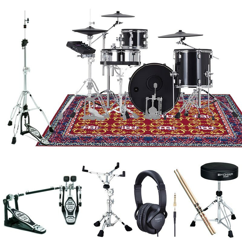 ■商品紹介【V-Drums Acoustic Designをご検討の方にオススメのイケベ・オリジナル・スターターセット！】【VAD504 Extra Set / Twin Pedal】電子ドラム本体とメーカー推奨のドラムスタンドをセットにして、さらにセッティング・演奏に必要なツインペダル、スネアスタンド、ハイハットスタンド、スローン（ドラムイス）、ドラムスティック、ヘッドフォン、ドラムマットを加えたお買い得なセットです！これさえ買えばすぐに本格的なドラム演奏が始められますよ！＜セット内容＞●電子ドラム---------------＜Roland VAD504＞●ドラムスタンド-------------＜Roland DTS311＞●ツインペダル-----------＜TAMA Iron Cobra 600 [HP600DTW]＞●スネアスタンド-------＜TAMA Roadpro Snare Stand [HS80W]＞●ハイハットスタンド-------＜TAMA Iron Cobra 600 [HH605]＞●ドラムスローン（イス）--＜TAMA HT230＞●スティック----------------＜Vic Firth 5A＞●ヘッドフォン--------------＜Roland RH-5＞●ドラムマット--------------＜MEINL MDR-OR＞※電子ドラム本体以外の付属品は、在庫状況により同等品または同等品以上に代えさせて頂く場合がございます。あらかじめ御了承下さいませ。【アコースティック・ドラムのようなルックスと演奏感を提供するV-Drums Acoustic Designシリーズに、さらに表現力を高めた『VAD504』が登場！存在感のある木製深胴シェル、1タム1フロアの3点キット！】『VAD504』は、アコースティック・ドラムのような見た目と演奏感覚に加え、V-Drums でしか得られない臨場感のあるサウンドを楽しめるV-Drums Acoustic Designです。多彩な音色とカスタマイズ機能を持つ音源モジュール『TD-27』に新しいキットや機能を追加。『VAD503』『VAD506』で採用されたスネアとライドのデジタル・パッドに加えて、ハイハットもデジタル・パッド『VH-14D』を標準装備。ドラマーの演奏をさらに忠実に表現できるようになりました。また、コーチ機能やBluetooth (R)オーディオも搭載しているので、アコースティック・ドラムを叩いているのと同じ感覚で、練習したり好きな楽曲とセッションしたりすることが可能です。＜POINT＞・木製シェルとダブル・レッグのスタンドを備えたV-Drums Acoustic Designキット。・Prismatic Sound Modeling テクノロジーを備えた音源モジュール『TD-27 Ver2.0』。・最新トレンドに合わせて作成した新規キットを、10キット追加。・一部の既存キットを音源のバージョンアップに合わせてリメイク。・PureAcoustic Ambience テクノロジーにより、プレイヤー・ポジションでのリアルな音場を再現。・高度なマルチ・センサーの搭載で、演奏表現力が飛躍的に向上したデジタル・スネアとデジタル・ライドに加えて、デジタル・ハイハットをセット・アップ。・アコースティック・シンバルの打感により近い、薄型シンバル『CY-14C-T』を採用。・39種類のユーザー・サンプルをプリロード。・『TD-50X』で好評のTransient 機能がユーザー・サンプルでも使用可能に。・スマートフォンなどを接続し、本体から好きな曲を再生できるBluetooth オーディオ搭載。・Roland Cloud Kit Contents 経由で新しいキットを追加可能に。[V-Drums Acoustic Designだから実現できる自然な演奏感]『VAD504』は、アコースティック・ドラムのような外観だけではなく、演奏時のパッドの揺れ具合や叩き心地といった演奏感覚にもこだわりました。また、フラッグシップ・モデル『VAD706』で採用した、コンビネーション・スタンドとシンバル・ブーム・スタンドをセット・アップすることで、セッティングの幅が広がります。演奏者のスタイルに合わせて、自由にアレンジし演奏を楽しむことが可能です。[新規キットユーザー・サンプルを強化]『TD-27KV2』は『TD-27KV』に搭載されていたキットに加えて、新たに10キットを追加。また、一部の既存キットを見直しリメイク。ユーザー・サンプルも39種類がプリロードされています。さらに、フラッグシップ音源モジュール『TD-50X』で好評のTransient機能がユーザー・サンプルでも使用できるので、音色カスタマイズの幅も広がります。今まで以上に表現力豊かなドラム・サウンドを奏でることができます。[デジタル・ハイハット『VH-14D』を標準装備]複数のセンサーを搭載することで表現力を劇的に進化させたデジタル・パッド。『VAD504』では、従来のスネアとライドに加え、ハイハットもデジタル・パッド『VH-14D』をセット・アップしました。ドラム・パフォーマンスを左右するスネア、ライド、ハイハットのデジタル化で、微妙なニュアンスも余すところなく表現可能です。[スマートフォンやタブレットとBluetooth オーディオ接続]『VAD504』は、Bluetoothオーディオ機能を搭載。お持ちのスマートフォンやタブレットを接続して、お好きな曲を再生して一緒に演奏することができます。お気に入りの音楽とセッションできれば、より気持ちよくドラムを叩くことができるでしょう。[Roland Cloud と連携して自分好みに『TD-27』をカスタマイズ]Roland Cloud Kit Contents にて、『TD-27』専用のキットを順次アップロードします。お好みのキットを選んで、お持ちの『TD-27』に追加することで、ドラム演奏をさらにお楽しみいただけます。●キット構成【VAD504】ドラム・サウンド・モジュール: TD-27 Ver 2.0 ×1スネア: PD-140DS ×1タム1: PDA100-MS ×1タム3: PDA140F-MS ×1ハイハット: VH-14D ×1クラッシュ1: CY-14C-T ×1ライド: CY-18DR ×1オール・パーパス・クランプ: APC-10 ×1キック：KD-200-MS ×1ドラム・スタンド: DTS311（ドラム・ブーム・スタンド：DBS-30×1、ドラム・コンビネーション・スタンド：DCS-30×1）※SDカードは製品に含まれません。●付属品：音源用マウント、ACアダプター、専用接続ケーブル、ドラム・キー、セットアップ・ガイド、取扱説明書（保証書）、ローランド ユーザー登録カード●別売品：パーソナル・ドラム・モニター[PM]シリーズ、Vドラム・アクセサリー・パッケージ[DAP]シリーズ、 Vドラム・マット[TDM]シリーズ、ノイズ・イーター[NE]シリーズ●外形寸法（必要占有面積）：幅 (W)1700mm 奥行 (D)1400mm 高さ (H)1200mm■仕様詳細●主な仕様音源・ドラム・キット数100（プリセット：75）・音色数：728・ユーザー・サンプル：ユーザー・サンプル数＝最大500（製品出荷時のユーザー・サンプルを含む）・音の長さ（合計）：モノラル24分、ステレオ12分、ファイル形式：WAV（44.1kHz、16/24ビット）・エフェクト：パッド・コンプレッサー（パッドごと）、パッド・イコライザー（パッドごと）、オーバーヘッド・マイク・シミュレーター、ルーム／リバーブ、・マルチ・エフェクト：3系統、30種類、マスター・コンプレッサー、マスター・イコライザー・Bluetooth：対応規格＝Bluetooth 標準規格Ver 4.2、対応プロファイル＝A2DP（オーディオ）、GATT（MIDI over Bluetooth Low Energy）、対応コーデック＝SBC（SCMS-T方式によるコンテンツ保護に対応）ソング・プレーヤー（SDカード）：ファイル形式＝ WAV（44.1kHz、16/24ビット）MP3 ※1・レコーダー：レコーディング方法＝リアルタイム、最大録音時間＝60分（一時録音：3分）※2、ファイル形式＝WAV（44.1kHz、16ビット）・ディスプレイ：グラフィック：LCD256×80ドット・外部メモリー：SDカード（SDHC対応）・接続端子：TRIGGER INPUT端子＝1（キック、スネア、タム1、タム2、タム3、ハイハット、クラッシュ1、ライド、ライド・ベル、ハイハット・コントロール）（25 ピンD-sub タイプ）※3TRIGGER IN 端子＝4（クラッシュ2、AUX1、AUX2、AUX3）（TRS 標準タイプ）※3DIGITAL TRIGGER IN端子＝3（USB Aタイプ）MASTER OUT端子＝2（L/MONO、R）（標準タイプ）DIRECT OUT端子＝2（MONO 標準タイプ）PHONES端子＝1（ステレオ標準タイプ）MIX IN端子＝1（ステレオ標準タイプ）MIDI端子＝1（IN、OUT/THRU）USB COMPUTER端子＝1（USB Bタイプ）FOOT SW端子＝1（TRS 標準タイプ）DC IN端子＝1・ USB COMPUTER 端子：速度＝ Hi-speed USB、ドライバー・モード＝ジェネリック／ベンダー、対応通信＝ USB-MIDI ／ USB-Audio ※4 ／ USBオーディオ：サンプリング周波数（オリジナル）＝44.1kHz、サンプリング周波数（サンプリング・レート・コンバーター使用）＝ 96kHz， 48kHz、録音＝28 チャンネル、再生＝4チャンネル・電源：AC アダプター（DC9V）／消費電流：770mA※1：オーディオ・ファイルは、SDカードに保存されている必要があります。※2：録音には、SDカードが必要です。SDカードがない場合、約3分間の一時録音が可能ですが、本体への保存はできません。※3：デジタル接続対応パッドと排他利用です。※4：USBオーディオを使用するには、ベンダー・モードに変更してベンダー・ドライバーを使用する必要があります。検索キーワード：イケベカテゴリ_ドラム_電子ドラム_電子ドラム本体_Roland_TD-27_新品 SW_Roland_新品 登録日:2022/10/02 電子ドラム デジタルドラム エレドラ ローランド Vドラム Vドラムス Vdrum V-Drum V-Drums Vdrums