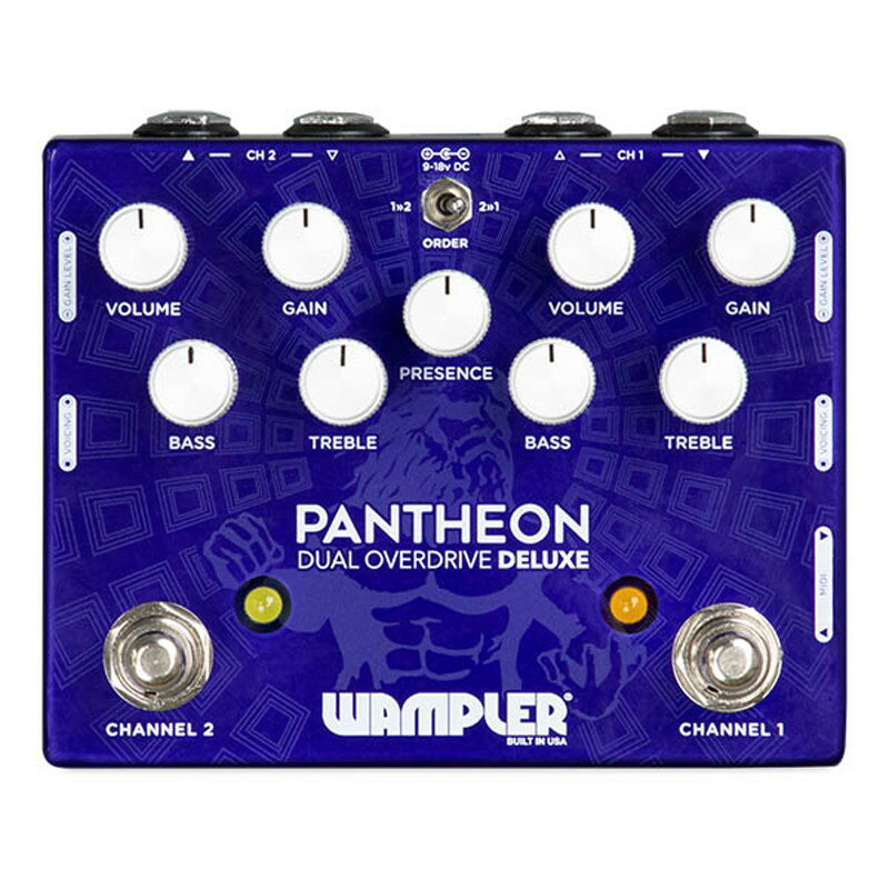 ■商品紹介Blues Breaker系ペダルとして人気のPANTHEONが2チャンネル仕様になって新登場！無骨でいなたいサウンド、モダンで整ったサウンドを一台でメイク！Wampler PANTHEON DELUXE DUAL OVERDRIVEは、Marshall Blues Breaker Stompboxのサウンドを現代的にアレンジを行いWamplerの大ヒット作「PANTHEON OVERDRIVE」を、デュアルチャンネル仕様のオーバードライブペダルとしてアップデートさせました。3段階のGAINレベルとVOICINGスイッチを搭載。フレキシブルな操作性は、 ギターアンプを選ぶことなく伝統的かつ幅広いドライブサウンドを作ることができます。CH 1は、オリジナルのPANTHEONペダルのクラシカルなBlues Breakerスタイルのサウンドを継承。CH 2は、よりモダンアレンジされたフレキシブルな操作性とサウンドを兼ね備えた バーサタイルなツインペダルとなりました。PRESENCEと本体の側面に搭載された GAINレベル・VOICINGスイッチにより、クリーミーなオーバードライブサウンドからキレのあるディス トーションサウンドをカバーする事ができます。またCHの切り替えやエフェクトのオン/オフなどMIDIオペレーションにも対応しています。検索キーワード：イケベカテゴリ_エフェクター_ギター用エフェクター_歪み系_オーバードライブ_Wampler Pedals_新品 SW_Wampler Pedals_新品 JAN:0763815133218 登録日:2021/12/21 エフェクター コンパクトエフェクター ストンプボックス