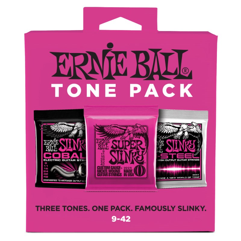 ■商品紹介ERNIE BALL STRINGS の代名詞でもある「Original Slinky」「Slinky Cobalt」「Slinky M-Steel」の3シリーズのエレキギター弦をセットにしたパッケージです。ゲージはすべて.009 / .011 / .016 / .024 / .032 / .042です。・Super Slinky世界標準のギター弦と言っても過言ではない程、多くのギタリストに愛用されているスリンキー・シリーズは、スズ・メッキ・ヘックス・スティール・コア(六角形をした芯線)にニッケル・メッキ・スティール・ワイアーを巻いたワウンド弦と、高硬度スズ・メッキ・ハイ・カーボン・スティールのプレーン弦を組み合わせたギター弦です。癖がなくバランスのとれたサウンドは、ジャンルを問わず幅広く使用できます。・Super Slinky Cobaltアーニー・ボール・コバルト・スリンキー・ストリングは、最新技術を導入し、最大限の出力と明瞭度を実現したエレクトリック・ギター・ストリングです。新たなヴォイスを奏でるコバルト・ストリングは、ダイナミックさ、驚きのハーモニック・レスポンスとロー・エンド、クリスピーかつクリアなハイが特徴です。伝統的なニッケル・メッキなどの弦と比較しても、より優れた磁力反応を獲得したコバルト・ストリングは、ピックアップとより強力な相互作用を実現しています。ソフトで滑らかなタッチは、スムーズなベンディングも実現しています。・高い磁性体を獲得させることで、ピックアップとより強力な相互作用を実現。・ブライトなトーンを損なうことなくパワフルさも獲得。・滑らかなフィーリングとタッチ。・Super Slinky M-SteelM-Steelは、サウンド、耐久性、強度と全てのパフォーマンスを向上させるために、様々な技術を用いて完成させた新しいエレキギター弦です。ワウンド弦の芯線には、業界初となる強靭なマルエージング・スティール・ヘックス・コア採用し、巻線にはコバルト含有率を60%まで高めたスーパー・コバルト・ワイアーを使用しています。また、プレーン弦には、最大の強度を実現させた特別仕様の高硬度スティールを採用。さらにスティール・レインフォースド機能を装備することで、より安定したチューニングと弦切れを最小限に抑える設計となっています。今までにない高出力なレスポンスを実現した、次世代のエレキギター弦、それがM-Steelです。・強靭なマルエージング・スティール・ヘックス・コアを採用 （ワウンド弦）・コバルト含有率60%のスーパー・コバルト・ワイアーを採用 （ワウンド弦）・金属疲労に強い高硬度スティール （プレーン弦）・安定したチューニングに貢献するスティール・レインフォースド・テクノロジー （プレーン弦）・滑らかな表面に仕上げ、ニッケル・メッキを施したブラス・ボールエンド・デザイン・ラウドでパワフルなサウンドとトーン検索キーワード：イケベカテゴリ_楽器アクセサリ_弦_エレキギター弦_ERNIE BALL_新品 SW_ERNIE BALL_新品 JAN:0749699133339 登録日:2022/03/27 エレキギター弦 ギター弦 エレキ弦 アーニーボール アニーボール