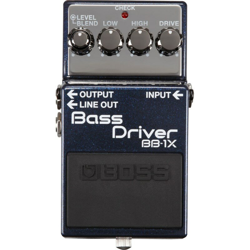 ■商品紹介Bass DriverBB-1X Bass Driverはベースのサウンドに図太い芯を与えるプレミアム・コンパクト・ペダルです。 このBB-1X は他の一般的なベース用ペダルとは一線を画します。単なるエフェクターではなく、プリアンプのよう にベースの基本となる音色作りを行うためのペダルです。ベースやアンプ本体のサウンド・キャラクター、演奏者 の個性を最大限に引き出してくれる今までにない1 台です。ワイドレンジでありながら音の芯をしっかりキープしたパンチのあるサウンドを実現。ナチュラルで図太いクリー ン・トーン、そして深く歪ませても細かい演奏ニュアンスまで正確に反映する高い解像度とダイナミック・レスポ ンスを備えています。また、広い音域の多弦ベースにも十分に対応し、ピック弾き・スラップなどベーシストが意 図したニュアンスに忠実に追従するレスポンスの良さが特長です。BB-1X はベースにとって何より重要なロー・エンドを削ることなくサウンドの輪郭を際立たせ、クリアでハリのあ る音色を作ります。また、2 軸のBLEND つまみによりエフェクト音とダイレクト音を直感的にブレンドすること が可能、LOW、HIGH、DRIVE のつまみと組み合わせることにより、音色キャラクターまでさらに細かく幅広い調 整が可能です。ライン用に専用チューニングされたベース音色を搭載した LINE OUT 端子は、ベーシストがこだ わって作り上げたサウンドをオーディエンスにそのまま届けるための、BOSS からの新しい提案です。　 プレミアム・ペダルにふさわしい1X のモデル名と豪華な外観のBB-1X は、より艶やかでコシのある基本音色作り からソロ向けの過激な歪みまで、現代のベーシストになくてはならない1 台です。■仕様詳細●規定入力レベル：-20dBu●電源：アルカリ電池（9V 形）またはマンガン電池（9V 形）、AC アダプター（別売）●入力インピーダンス：1MΩ●消費電流：54mA ●規定出力レベル：○ OUTPUT 端子＝ -20dBu、○ LINE OUT 端子＝ -20dBu ●連続使用時の電池の寿命（使用状態によって異なります）：アルカリ電池約6 時間 ●出力インピーダンス：○ OUTPUT 端子＝ 1kΩ、○ LINE OUT 端子＝ 600Ω ●外形寸法：73（幅）×129（奥行）×59（高さ）mm ●推奨負荷インピーダンス：○ OUTPUT 端子＝ 10kΩ 以上、○ LINE OUT 端子＝600Ω 以上 ●質量（乾電池含む）：450g ●コントロール：ペダル・スイッチ、LEVEL つまみ、BLEND つまみ ●付属品：保証書、取扱説明書、チラシ（安全上のご注意、使用上のご注意、 LOW つまみ、HIGH つまみ、DRIVE つまみサービスの窓口）。アルカリ電池（9V形）※ 本体に接続済み ●インジケーター：CHECK インジケーター（バッテリー・チェック兼用） ●別売品：AC アダプター（PSA-100）※0dBu ＝ 0.775Vrms ●接続端子：INPUT 端子、OUTPUT 端子、LINE OUT 端子（TRS 標準タイプ）、AC アダプター端子（DC9V）検索キーワード：イケベカテゴリ_エフェクター_ベース用エフェクター_ベース用ディストーション・オーバードライブ_BOSS_Bass Pedal_新品 SW_BOSS_新品 JAN:4957054506551 登録日:2015/01/21 エフェクター コンパクトエフェクター ストンプボックス ボス