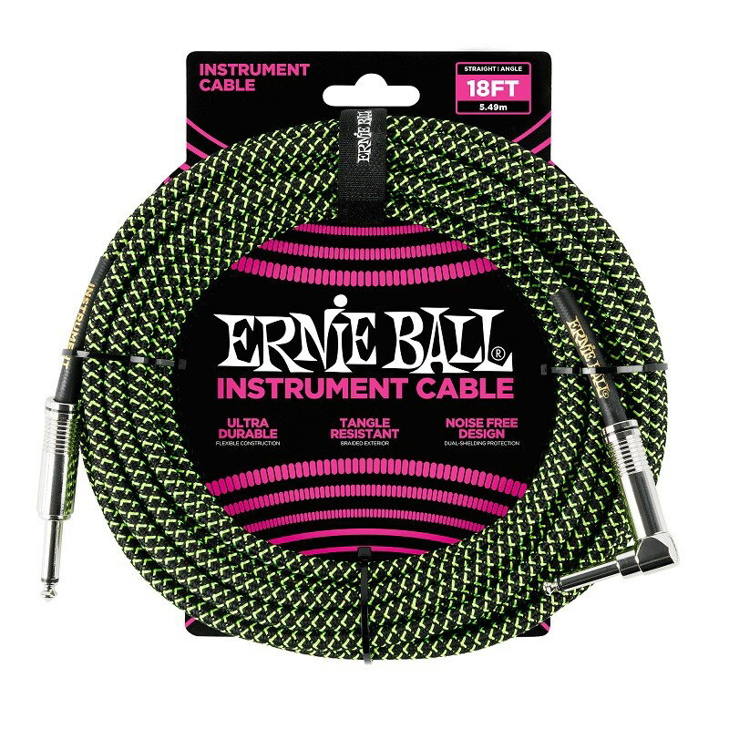 ERNIE BALL Braided Instrument Cable 18ft S/L (Black/Green) [#6082] (新品)
