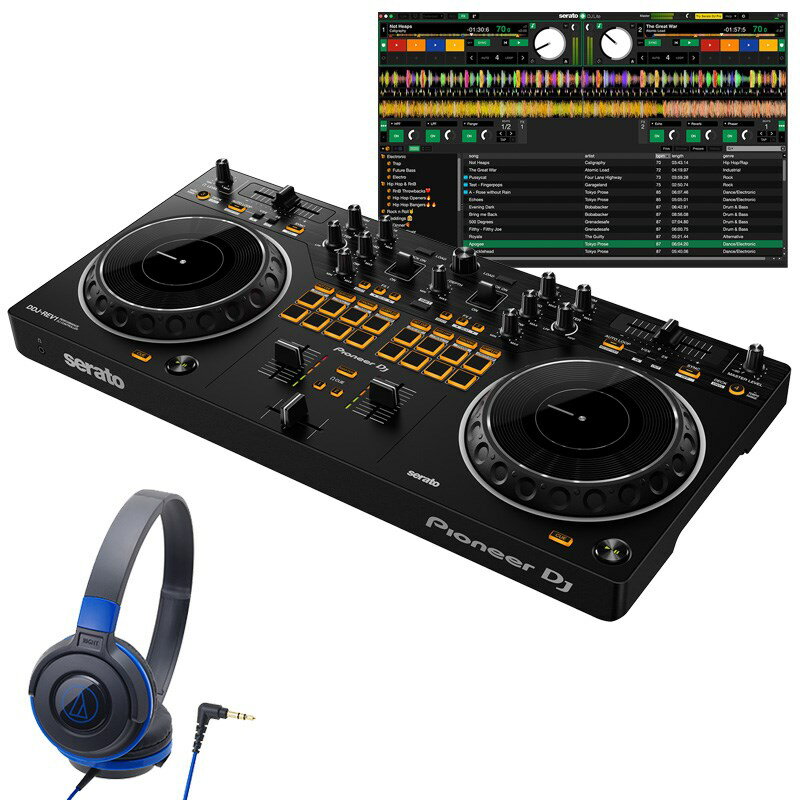 ■商品紹介★Serato DJ Lite対応のスクラッチスタイル2chDJコントローラーの入門モデルと入門用ヘッドホンを組み合わせたセットです。ATH-S100ヘッドホンは小型軽量のモデルで、ご自宅でのDJ練習などに最適です。★---【セット内容】・コントローラー Pioneer DJ DDJ-REV1・ヘッドホン audio-technica ATH-S100BBL●DJコントローラーDDJ-REV1はプロフェッショナル仕様のレイアウトで、バトルDJのような本格的なスクラッチやクイックミックスを楽しむことができます。TEMPO SLIDERは縦置きしたターンテーブルと同じようにデッキ上部に水平に配置、ミキサー部にはPERFORMANCE PADSとLEVER FXを搭載しています。■DDJ-REV1主な特徴・スクラッチとクイックミックスに最適なレイアウトDJコントローラーとしては初めて、TEMPO SLIDERがデッキ上部に水平に配置されました。またPERFORMANCE PADSとLEVER FXがミキサー部に搭載され、エフェクトやSAMPLER、スクラッチやクイックミックスの操作が容易になりました。・LEVER FXの搭載ミキサーセクションにLEVER FXが搭載され、レバーのオン/オフ操作だけで直感的かつダイナミックにSerato DJ Liteのエフェクトを加えることができます。・本格的なスクラッチ演奏を手助けする、TRACKING SCRATCH機能TRACKING SCRATCH機能を使用することで、スクラッチの経験があまりなくても、手軽に本格的なスクラッチを楽しむことができます。スクラッチの頭出しの位置にHOT CUEを設定することで、ジョグの折り返し動作時やジョグから手を離した瞬間に自動的にスクラッチの頭出しの位置に楽曲が戻るため、頭出しの位置の心配をすることなくスクラッチが楽しめます。・主な仕様対応ソフトウエア：Serato DJ Lite、Serato DJ Pro（有償）システム要件：Serato DJ Lite、Serato DJ Proの最新の動作環境はメーカーサイトにてご確認の上、お求め下さい。入力端子：1 MIC (1/4 inch TS Jack)出力端子：1 MASTER (RCA)、1 PHONES (3.5-mm stereo mini jack)電源：USB Type-B bus poweredUSB：1 USB B端子本体サイズ：幅526mm、高さ59.2mm、奥行き255.5mm本体質量：2.1 kg付属品：USBケーブル（A-Bタイプ）、クイックスタートガイド●ヘッドホンこちらのDJセットにはDJモニター用としてaudio-technica ATH-S100ヘッドホンが付属。自宅で使用するDJモニターとして適度な使い勝手と音質です。---・ヘッドホン付属のセットですので外部に音を出力しない状態でもすぐに音楽が楽しめます。初心者の方がDJをスタートさせるのに適したSerato DJ Lite対応のDJスタートセットです！※DJソフトウェアの最新動作環境はメーカーサイトもしくはメーカーサポートにてご確認の上、お求め下さい。※DJソフトウェアをご使用いただくにはインストーラのダウンロード時、およびオーサライズ時におきましてインターネット接続環境が必要です。DJソフトウェアおよびコントローラー本体の仕様・動作環境、および価格は、予告無く変更となる場合があります。※店頭、または通信販売にて売却後、敏速な削除は心掛けておりますが、web上から削除をする際どうしてもタイムラグが発生してしまいます。万が一商品が売切れてしまう場合もございますので予めご了承ください。検索キーワード：イケベカテゴリ_DJ機器_DJコントローラー_Pioneer DJ_新品 SW_Pioneer DJ_新品 JAN:4573201242440 登録日:2023/02/17 DJセット PCDJ パイオニア パイオニアDJ