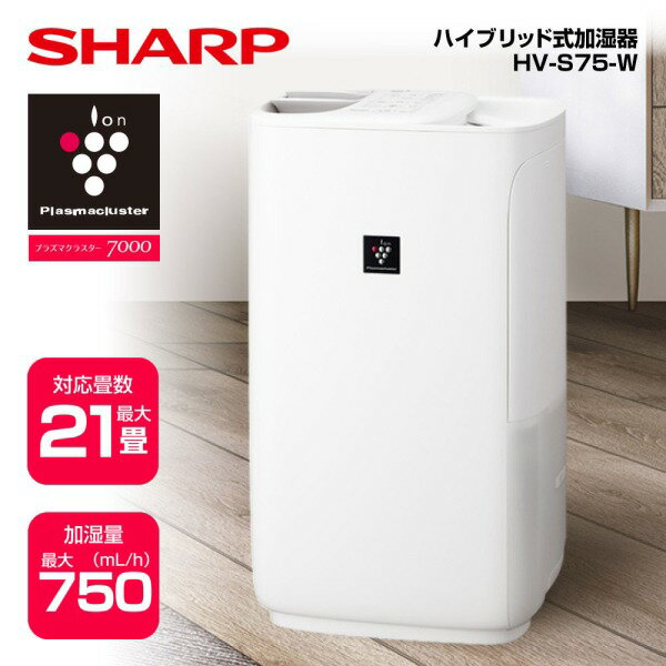 加湿器 シャープ HV-S75-W プレミアムホワイト プラズマクラスター7000 SHARP ハイブリッド式加湿器(木造12.5畳まで/プレハブ洋室21畳まで) どっちも給水 フィルター乾燥機能 温度・湿度Wセンサー チャイルドロック エコ 省エネ 清潔 抗菌 コンパクト HVS75 hvs75のサムネイル