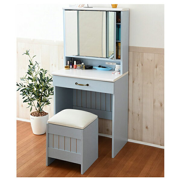 【エントリーでP5倍!20日20:00-27日1:59】 カントリー 三面鏡 ドレッサー コンセント付き フレンチカントリー 幅60 隠し収納庫付 椅子 付き ...