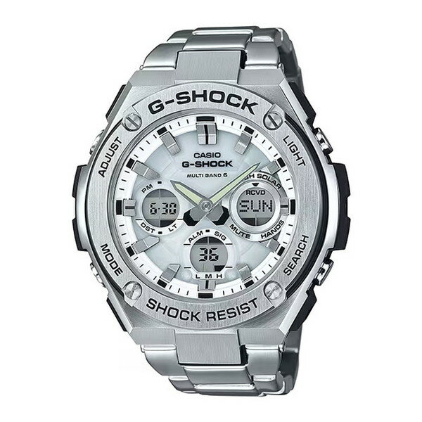 商品説明★ タフネスを追求し進化を続けるG-SHOCKから、「レイヤーガード構造」を採用しデザインの幅を広げたG-STEELです。★ メタルの硬質感と重厚感を備えるGST-W110Dに、クールな印象のブルーモデルをラインアップ。★ 発電効率に優れた遮光分散型ソーラーパネルを採用することで、美しい発色を実現しました。* ケースサイズ(縦×横×厚さ): 59.1 × 52.4 × 16.1 mm* 質量: 195 g* ケース・ベゼル材質: 樹脂/ステンレススチール* バンド: メタルバンド(ステンレススチール)、ワンプッシュ三つ折れ式中留* 構造: 耐衝撃構造(ショックレジスト)* 防水性: 20気圧防水* 時刻修正: 電波時計 日本・北米・ヨーロッパ・中国地域対応 MULTIBAND6* 使用電源: タフソーラー(ソーラー充電システム)* ガラス: 無機ガラス* バンド装着可能サイズ: 150〜205mm* その他外装: ネオブライト* ワールドタイム: 世界48都市(31タイムゾーン、サマータイム設定機能付き)+UTC(協定世界時)の時刻表示、ホームタイムの都市入替機能* ストップウオッチ: ストップウオッチ(1/100秒、60分計、スプリット付き)* タイマー: タイマー(セット単位: 1秒、最大セット: 100分、1秒単位で計測)* アラーム: 時刻アラーム5本(カウントダウン機能付き)・時報* ダブルLEDライト: 文字板用LEDライト(フルオートライト、スーパーイルミネーター、残照機能、残照時間切替(1.5秒/3秒)付き)、LCD部用LEDバックライト(フルオートライト、スーパーイルミネーター、残照機能、残照時間切替(1.5秒/3秒)付き)* ライトカラー: LED ホワイト* カレンダー: フルオートカレンダー* 操作音ON/OFF切替機能* パワーセービング機能: パワーセービング機能(暗所では一定時間が経過すると表示を消して節電します)* バッテリー表示/警告: バッテリーインジケーター表示* フル充電時からソーラー発電無しの状態での駆動時間…・機能使用の場合: 約7ヵ月・パワーセービング状態の場合: 約18ヵ月* 精度: 電波受信が行われない場合は、通常のクオーツ精度(平均月差±15秒)で動作します。* その他機能: 12/24時間制表示切替、針退避機能(針が液晶表示と重なって見づらいときは、針を液晶表示の上から一時的に退避させることができます)* ホームタイム都市(受信機能対応都市) /受信電波: 東京・ソウル・台北/ 日本の標準電波JJY40・JJY60、(ホノルル)・(アンカレジ)・バンクーバー・ロサンゼルス・エドモントン・デンバー・メキシコシティ・シカゴ・ニューヨーク・ハリファックス・セントジョンズ/ アメリカの標準電波WWVB、リスボン・ロンドン・マドリード・パリ・ローマ・ベルリン・ストックホルム・アテネ・(モスクワ)/ イギリスの標準電波MSF・ドイツの標準電波DCF77、香港・北京/ 中国の標準電波BPC※( )内の各都市は条件が良ければ受信する場合もあります。* 電波受信機能: 自動受信(最大6回/日、中国電波は最大5回/日)/手動受信・日本受信電波: JJY、周波数: 40kHz/60kHz(福島/九州両局対応モデル)・北米地域受信電波: WWVB、周波数: 60kHz・ヨーロッパ地域受信電波: MSF/DCF77、周波数: 60kHz/77.5kHz・中国受信電波: BPC、周波数: 68.5kHz※ホームタイム設定を受信可能な都市に設定すると、都市に合わせた局を受信します。尚、時差は選択した都市によって設定されます。