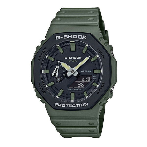 商品説明★ 究極の強さを求めて進化を続けるタフネスウオッチG-SHOCKの薄型デジタル・アナログコンビネーションモデルGA-2100から、ユーティリティカラーを纏ったモデルです。★ 実用的でストリートファッションにも馴染みやすいユーティリティカラーをベゼル・文字板・バンドに採用。様々なウェアや環境にマッチしながらも、さりげなく個性を主張するデザインに仕上げました。また、二重成形のベゼルカバーを採用し、デザイン進化を果たしました。★ 薄型ケースとデザインが融合したG-SHOCKです。* ケースサイズ(縦×横×厚さ): 48.5 × 45.4 × 11.8 mm* 質量: 51 g* ケース・ベゼル材質: カーボン/樹脂* バンド: 樹脂バンド* 構造: 耐衝撃構造(ショックレジスト)、カーボンコアガード構造* 防水性: 20気圧防水* 電池寿命: 約3年* ガラス: 無機ガラス* その他外装: ネオブライト* ワールドタイム: 世界48都市(31タイムゾーン、サマータイム設定機能付き)+UTC(協定世界時)の時刻表示* ストップウオッチ: ストップウオッチ(1/100秒(1時間未満)/1秒(1時間以上)、24時間計、スプリット付き)* タイマー: タイマー(セット単位: 1秒、最大セット: 24時間、1秒単位で計測)* アラーム: 時刻アラーム5本・時報* ダブルLEDライト: 文字板用LEDライト(スーパーイルミネーター、残照機能、残照時間切替(1.5秒/3秒)付き)、LCD部用LEDバックライト(スーパーイルミネーター、残照機能、残照時間切替(1.5秒/3秒)付き)* ライトカラー: LED ホワイト* カレンダー: フルオートカレンダー* 操作音ON/OFF切替機能* 精度: 平均月差 ±15秒* その他機能: 12/24時間制表示切替、針退避機能(針が液晶表示と重なって見づらいときは、針を液晶表示の上から一時的に退避させることができます)
