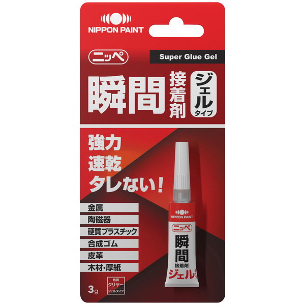 商品説明★ 瞬時に硬化し、急ぎの補修にも便利な速乾タイプの瞬間接着剤です。★ 耐衝撃性や耐振動性、耐水性に優れ、強力な接着が可能です。★ 幅広い素材に対応し、目立たない透明な仕上がりです。★ 硬化後は研磨できるので、表面補修にも使用できます。★ ジェルタイプなので垂直面でも垂れにくく、作業がしやすい。スペック* 商品サイズ: 8.7 × 1.3 × 18.0 cm* 内容量: 3g* 成分: シアノアクリレート(85%)、合成樹脂(15%)* 乾燥時間…・実用強度までに達する時間: 10秒〜2分・完全硬化: 4時間* 用途…・使用できるもの: 金属、陶磁器、硬質プラスチック、合成ゴム、皮革、木材、レンガ、厚紙など・使用できないもの: ポリエチレン、ポリプロピレン、シリコーン樹脂、フッ素樹脂、ガラス、発泡スチロールなど* 生産国: 日本