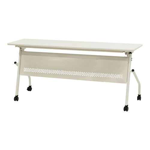 商品説明★ ダイヤ柄のパンチングが印象的な幕板付きです。★ 全キャスターにストッパー付きでしっかり固定でき、脚のアジャスターでがたつきも防ぎます。★ 手荷物をかけておける便利なサイドフック付きです。スペック* 外寸:幅1500×奥行450×高さ700mm* 材質…・天板:メラミン樹脂化粧板・エッジ:PVC貼り・脚・幕板:スチール(粉体塗装)・キャスター:ナイロン* 機能:ワンタッチ折りたたみ、工具不要アジャスター脚、キャスターストッパー付、サイドフック付、平行スタッキング(スタックピッチ70mm)* 重量:20.7kg* 耐荷重…・天板:40kg・フック:5kg* 組立有無:組立品* 生産国:中国
