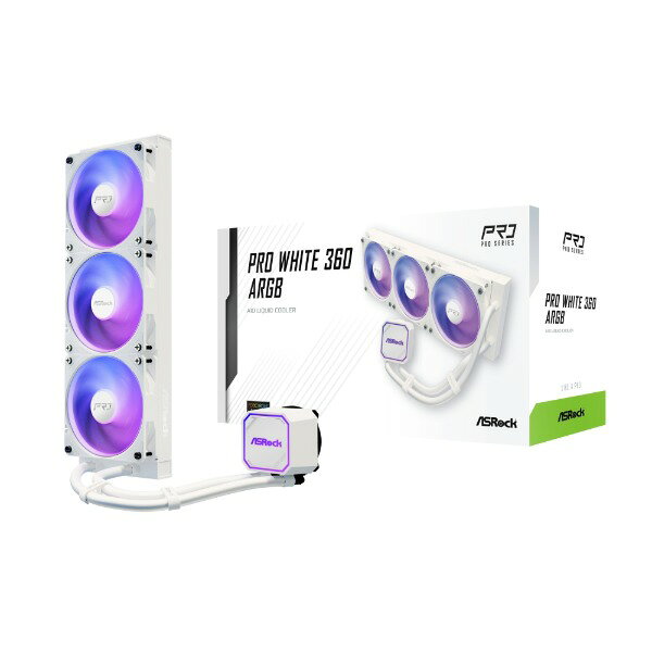 商品説明★ 高性能360mmラジエーター搭載360mmラジエーターと3基の120mmファンを組み合わせることで、CPUの発熱を効率よく冷却します。高負荷時でも安定した冷却性能を発揮します。★ ARGBファンによる多彩な演出アドレサブルRGB対応ファンを採用し、多彩なライティングを楽しめます。マザーボードのRGB制御ソフトと連携し、統一感のある演出が可能です。★ 幅広いCPUソケットに対応IntelとAMDの多くのCPUソケットに対応しており、自作PCやアップグレードにも柔軟に利用できます。取り付けも分かりやすい設計です。★ 高い静音性と冷却性能静音設計のファンにより、冷却性能と静音性のバランスを実現しています。長時間の使用でも快適な環境を維持します。★ ホワイトカラーで統一感のあるデザインホワイトカラーのラジエーターとファンを採用し、PC全体を明るく統一感のあるデザインに仕上げます。見た目にもこだわりたい方に適しています。スペック* 製品サイズ：394×119.6×27mm (ラジエーター)、71.3×84.1×53.9mm (ウォーターブロック)* チューブ長さ：450mm* 対応ソケット (Intel)：LGA1851/1700* 対応ソケット (AMD)：AM5/AM4* ファン：120mmファン×3* ファン回転数：0〜2100RPM ±10％* ファン風量：最大62.6CFM* ファン風圧：最大1.77mmH2O* ポンプスピード：1200〜3200RPM ±10%* ノイズレベル：ファン 最大31dBA* ファンベアリング：ライフルベアリング* 電源コネクタ：ファン・ポンプ 12V 4ピン PWM* LED：ARGB* 付属品：Intel/AMD用マウントキット、高性能サーマルグリス（ASRock Therm-X1）、チューブクリップ