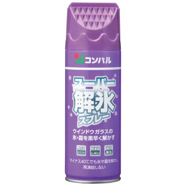 商品説明★ 特長ウインドウガラスの氷・霜を素早く解かし再凍結を防止します。雪や氷への解氷力が抜群でマイナス40℃の環境下でも使用できます。スクレーパーキャップ付です。★ 用途ウインドウ、バックミラー、鍵穴に。スペック* 容量(ml)：330* スクレーパーキャップ付* 原産国：中国[材質/仕上]* 成分:エタノール、エチレングリコール * 缶:スチール * キャップ・ボタン:ポリエチレン