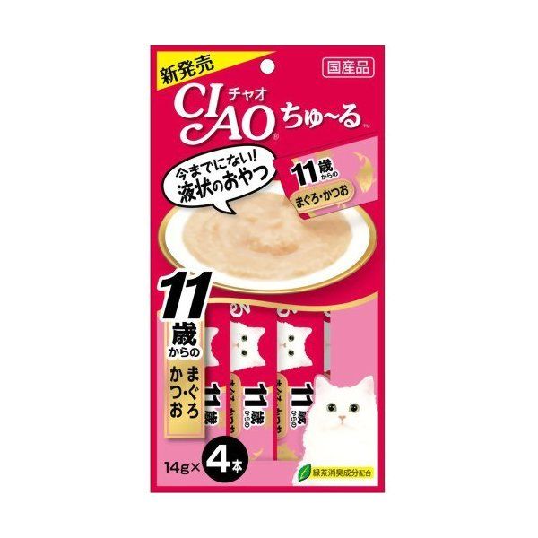 商品説明※ 商品パッケージや仕様につきまして、予告なく変更されることがございます。　 賞味期限表示がございます商品は製造年月から表示期限までになります。予めご了承ください。お魚とお肉がベースのペーストタイプのおやつ。スペック【分類】猫用おやつ【原材料】まぐろ、かつお、まぐろエキス、タンパク加水分解物、コラーゲンペプチド、糖類(オリゴ糖等)、ミネラル類、増粘多糖類、調味料(アミノ酸等)、ビタミンE、緑茶エキス、紅麹色素【保証成分】粗たん白質7.0%以上、粗脂肪0.2%以上、粗繊維0.1%以下、粗灰分1.5%以下、水分91.0%以下【エネルギー】約7kcal/本【給与方法】1日4本を目安におやつとしてお与えください。【賞味期限】2年【商品サイズ】110×20×210【原産国または製造地】日本【諸注意】お使い残りの出た場合は別の容器に移し替えて冷蔵庫に入れるなどなるべく早めにお使い下さい。※ 商品パッケージや仕様につきまして、予告なく変更されることがございます。※ 賞味期限表示がございます商品は、製造年月から表示期限までになります。