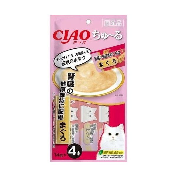 商品説明★ リン、ナトリウムを調整することにより腎臓の健康維持に配慮。★ 一度与えたらやみつきになるおいしさです。★ 緑茶消臭成分配合。スペック* 内容量：14g×4本* 原材料：まぐろ、鶏脂、まぐろエキス、酵母エキス、DHA・EPA含有精製魚油、タンパク加水分解物、オリゴ糖、増粘剤(加工でん粉)、増粘多糖類、ビタミンE、紅麹色素、緑茶エキス* 保証成分：たんぱく質5.0%以上、脂質4.0%以上、粗繊維0.1%以下、灰分0.5%以下、水分88.0%以下* エネルギー：約12kcal/本* 原産国：日本