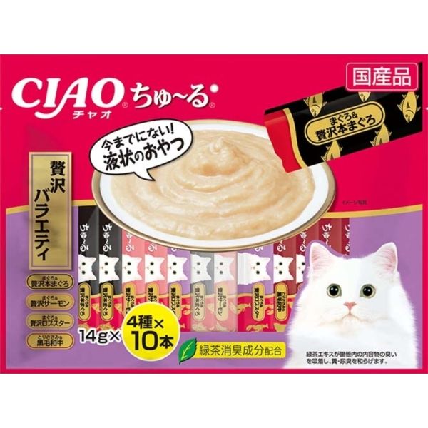 いなばペットフード ちゅ〜る 40本入り 贅沢バラエティ ちゅーる チュール 40本 猫 猫用おやつ おやつ 贅沢 水分補給 ペースト premoa-10784327 総合通販PREMOA 楽天市場店 パッケージ画像