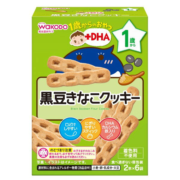 商品説明★ 黒豆きな粉のやさしい風味をいかして焼き上げた、口どけしやすい甘さ控えめのクッキーです。スペック* 内容量：2本×6袋* 原材料：小麦粉、ショートニング、砂糖、黒大豆きな粉、鶏卵、加糖脱脂練乳、食塩、DHA含有精製魚油/炭酸カルシウム、膨脹剤、香料、ピロリン酸鉄* アレルギー特定原材料等：小麦、卵、乳、大豆