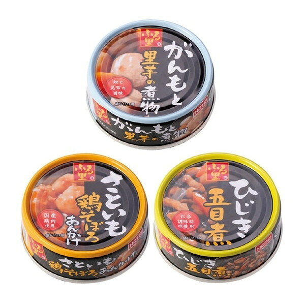 商品説明★ がんもと柔らか食感の里芋が人気「がんもと里芋の煮物」、国産若鶏そぼろのあんをかけた「さといも鶏そぼろあんかけ」、大豆・にんじん・こんにゃくなど和惣菜定番「ひじき五目煮」のセット。★ いざという時の一品や保存食に重宝する美味しい缶詰。★ 創業80年以上の老舗メーカー謹製。★ 賞味期限3年 非常用保存食★ 災害・非常時に!携帯食品に!レジャーに!スペック* 内容量：3種類(がんも・さといも・ひじき)×各4缶(計12缶)* 原材料…・がんもと里芋の煮物：野菜(さといも(中国)、にんじん)、がんもどき(大豆を含む)、砂糖、しょうゆ(小麦を含む)、還元水あめ、こんぶエキス、かつお節エキス、食塩/酸化防止剤(ビタミンC)、増粘剤(キサンタンガム)、豆腐用凝固剤・さといも鶏そぼろあんかけ：さといも(中国)、還元水あめ、砂糖、しょうゆ(小麦・大豆を含む)、鶏肉、こんぶエキス、かつお節エキス、食塩/増粘剤(加工でん粉、キサンタンガム)、酸化防止剤(ビタミンC)・ひじき五目煮：大豆、ひじき、砂糖、しょうゆ(小麦を含む)、こんにゃく、にんじん、油揚げ、こんぶエキス、かつお節エキス、食塩/増粘剤(グァーガム)、水酸化カルシウム、豆腐用凝固剤* 栄養成分表示・がんもと里芋の煮物：(1缶(70g)当たり)エネルギー62kcal、たんぱく質2.7g、脂質1.0g、炭水化物10.6g、食塩相当量0.8g・さといも鶏そぼろあんかけ：(1缶(75g)当たり)エネルギー64kcal、たんぱく質1.9g、脂質0.3g、炭水化物13.5g、食塩相当量0.7g・ひじき五目煮：(1缶(75g)当たり)エネルギー81kcal、たんぱく質4.4g、脂質2.8g、炭水化物9.5g、食塩相当量0.9g(推定値)* アレルギー・がんもと里芋の煮物：小麦・大豆・さといも鶏そぼろあんかけ：小麦・大豆・鶏肉・ひじき五目煮：小麦・大豆* 賞味期限：製造日より常温1095日* 原産地：中国・ロシア・他* 加工：日本