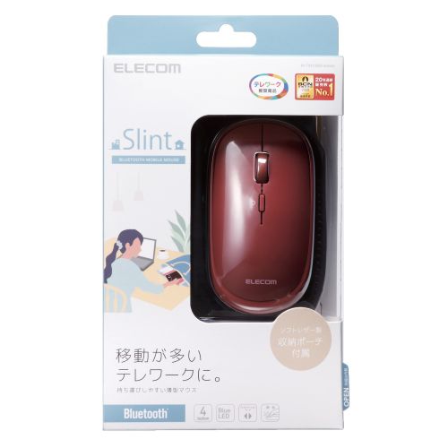 ELECOM M-TM10BBRD BlueLEDマウス 薄型 Bluetooth対応 4ボタン ポーチ付 レッド メーカー直送 新生活