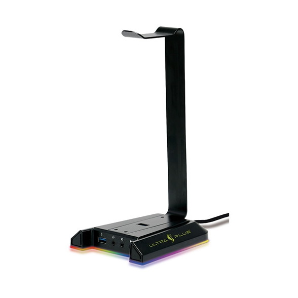 商品説明★ ULTRA PLUSとは「ULTRA PLUS」は、プリンストンが生み出すオリジナルのゲーミングブランドです。その名は、現状を超えてさらに先へと進むという意味と意思が込められています。トレードマークのウルフは、未開の地を先へ進む勇気、他の追随を許さない前進をするからこその孤高の象徴。「ULTRA PLUS」は、すべてのユーザーがゲームを快適に楽しむための製品群を具現化していきます。★ ヘッドホンスタンドに多彩な機能を搭載本製品はヘッドホンスタンド台座にUSB3.0×2個とヘッドフォンジャックを装備。ヘッドホン端子には、バーチャル7.1サラウンド機能に対応するUSBサウンドデバイス機能を搭載しています。また、耐久性に優れたアルミ素材を採用、底面にはラバーを装備し安定性があります。★ Virtual7.1 サラウンド機能対応お手持ちの3.5mmヘッドホンやヘッドセットで Virtual7.1 サラウンドの利用が可能です。Virtual7.1 サラウンド機能に対応するUSBサウンドデバイスを搭載で専用アプリ（Windows用）でゲーム環境に合わせてお好みのサウンドにカスタマイズでます。★ LEDイルミネーション底面のLEDイルミネーションは、RGBイルミネーションモードと静寂モードに対応、側面のタッチセンサーでゲームプレイに合わせてRGBイルミネーションの変更ができます。スペック* PC接続:USB3.0(Type-A)* USB:USB3.0×2(Type-A)* オーディオ…・ヘッドセット端子(4極アナログ3.5mmミニ)・ヘッドホン端子(3極アナログ3.5mmミニ)・マイク端子(2極アナログ3.5mmミニ)※* イルミネーション機能:タッチセンサーにて底面のイルミネーションが点灯(レインボー/赤/緑/青/ピンク/黄/シアン/白/ランダム/消灯)* Virtual7.1 サラウンド機能:専用のソフトウェアを使用* 電源:USBバスパワー* ケーブル長:1.5m* 寸法:(W)118×(D)132×(H)248mm* 質量:325g* 対応 OS:Windows 8.1/Windows 10(32bit/64bit)* 対応システム…・Intel Core2Duo、または同等のAMDプロセッサー2.2GHz以上・4GB 以上のシステムメモリー・600MB 以上の空き容量を持つHDD・USB3.0 ポートの空きスロット1ポート・インターネット接続環境(専用ソフトウェアダウンロードに使用)* 同梱品:本体、ユーザーズガイド/保証書* 保証期間:1年※CTIA 規格準拠