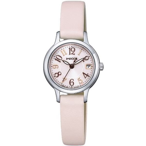 商品説明★ 大きめのアラビア数字インデックスは視認性バツグン。文字板の外周部分にさりげなくかれたお花のパターンが華やかさを演出します。★ 時分針は夜光付き。暗い場所でも時刻がしっかり確認できます。★ 「素敵なご縁がありますように」と「合格」の2つの意味を込めて、5時位置にさりげなくハートのマークをあしらっています。★ 環境にも配慮し、KH4-921-12/KH4-912-90のバンドにはペットボトルのリサイクル素材「エコペット」を使用。ベーシックなブラウンと甘すぎないスモーキーピンクはどんな服にも合わせやすく、使い勝手の良いカラーです。* キャリバー：E011 R007891* 精度：±15秒/月* 光発電：6ヶ月* 防水性能：5気圧防水* 重さ：* 厚み：7.3mm/横幅：24.0mm* ガラス・クリスタルガラス* ケース・ステンレス* バンド・(材)合成皮革(ECOPET)・(先)幅：10.0mm・(留)美錠* 付加仕様・夜光(針)CITIZEN　wicca　KH4-912シリーズ　ラインナップKH4-912-13KH4-912-90