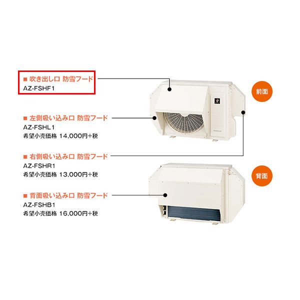 商品説明★ 雪対策として積雪、落雪、除雪で雪に埋もれて運転できなくなったり、ツララなどの落下で破損したりすることがあります。積雪の深さや落雪・除雪の影響を考慮した高さで、ツララなどが発生しない場所に設置してください。必要に応じて、室外機の吹き出し口や吸い込み口に別売部品の防雪フードを取り付けてください。スペック* 吹き出し口に取り付け