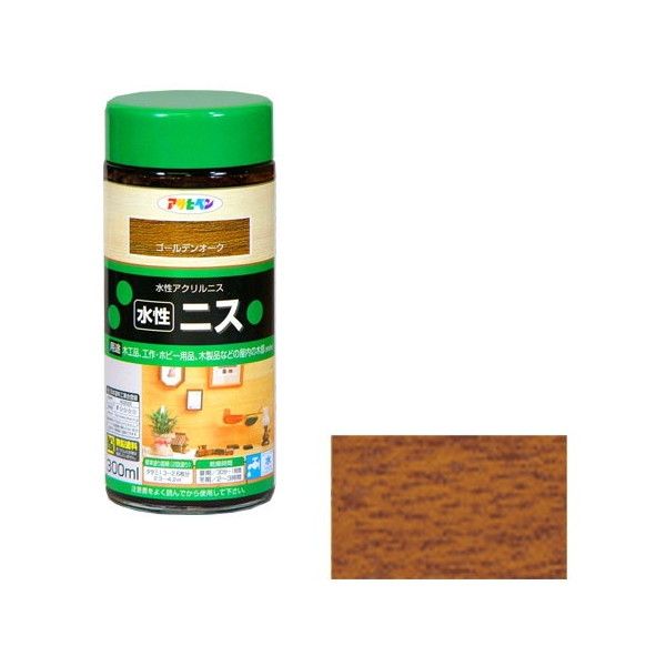 商品説明★ 着色とニス塗りが同時にでき、木目を生かした美しいツヤに仕上がります。★ 水性塗料なので塗りやすく、用具の後始末も水でできます。★ 木工品、工作・ホビー用品、木製品などの屋内の木部。(床を除く)スペック* 規格：300mL* カラー：ゴールデンオーク* 重量：600g