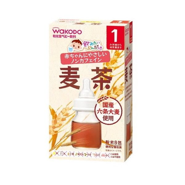 商品説明★ 国産の六条麦茶を使用しました。★ カフェインを含まない、赤ちゃんにやさしい麦茶です。★ お食事中やお出かけ先などの毎日の水分補給にお使いください。★ まだ飲む量が少ない赤ちゃんの水分補給にぴったり。★ 飲みたいときに飲みたいぶんだけ。少なく作れてムダがありません。スペック* 原材料: 六条大麦、六条エキス、デキストリン* 栄養成分:・栄養成分表示・・・1包(1.2g)あたり・エネルギー・・・5kcaL・たんぱく質・・・0〜0.04g・脂質・・・0g・炭水化物・・・1.2g・食塩相当量・・・0〜0.002g・カフェイン・・・0mg* 注意事項・お湯の取り扱いにご注意ください。・開封後は吸湿しやすいので使いきるようにしてください。・飲み残しや作りおきはあげないでください。・月齢は目安です。あせらずに段階的にすすめましょう。・離乳のすすめ方については、専門家にご相談ください。・原料の大麦の焙煎具合により、多少色や風味が異なることがありますが、品質には問題ありません。・授乳や食事の妨げにならないよう与えすぎに注意してください。※着色料、保存料、香料は使用しておりません。※デキストリンとは、でんぷんを消化吸収しやすいように分解したものです。