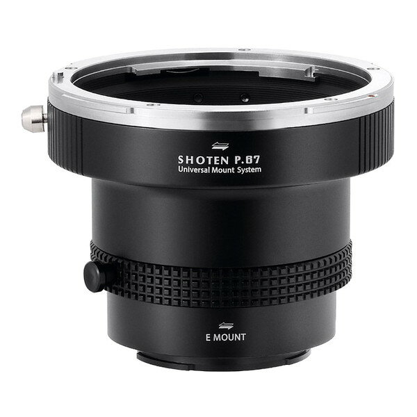 商品説明★ SHOTEN(ショウテン)UMSシリーズ「P67-SE-U」は、ペンタックス67マウントレンズをソニーEマウントのカメラで使用するためのマウントアダプターです。★ 本体を2分割構造とした新しい発想UMSマウントアダプターは、本体を2分割構造とし、ボディ側マウントパーツを交換できる新しい発想の製品です。★ さらなる拡張性。カメラボディを選べる自由アダプターボディ側のマウントパーツを交換することで、異なるマウントのカメラにも装着可能となり、カメラを新調したり、各メーカーのカメラで使用したい時など、新たにマウントアダプターを用意する必要がなく、お手持ちの機材を有効活用できます。★ マウントパーツを交換することで、各メーカーのミラーレス機に装着可能★ マウントパーツを接続する中間マウント(Uマウント)部は、ガタつきなく高い剛性感で接続可能。★ アダプター内部は艶消し塗装を施し、内面反射を大幅に抑制★ レンズ側に高耐久・高剛性のステンレス製マウントパーツを採用し、高い精度で取り付け可能★ 三脚座付き(アルカスイス互換規格)※注意事項・ご使用時にはカメラの「メニュー」-「レンズなしレリーズ」を「ON」にしてください。(カメラの機種により「レンズなしレリーズ」の設定階層が違う場合がございます。各カメラの取扱説明書をご覧になり設定を行ってください。)・必ずしもすべての互換性を保証するものではありません。・レンズの個体差、経年変化や損傷による形状の変化等、状態によっては使用できない場合があります。レンズの装着につきましては、お客様ご自身の責任でご使用ください。・生産ロットによりマウントアダプターの仕様・デザインが写真と異なる場合があります。スペック* 対応レンズマウント: ペンタックス67* 対応カメラマウント: ソニーE* 素材: ステンレス、アルミ* 質量: 約270g