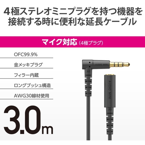 総合通販PREMOA 楽天市場店のEHP-35EL4P30BK ELECOM ブラック イヤホン ヘッドホン 延長コード φ3.5mm 4極 ステレオ ミニジャック to ミニプラグ 3m L字プラグ｜アングル2