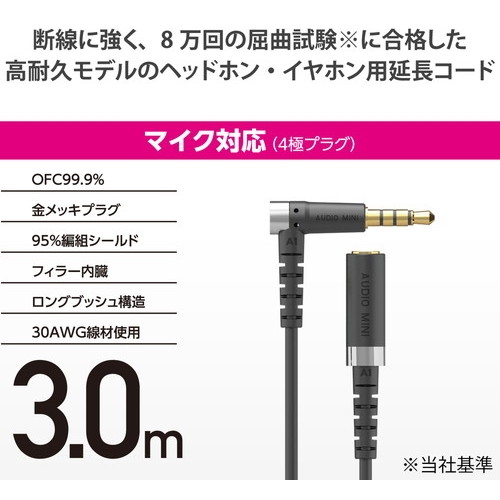 EHP-35ELS4P30BK ELECOM ブラック イヤホン ヘッドホン 延長コード φ3.5mm 4極 3m ...