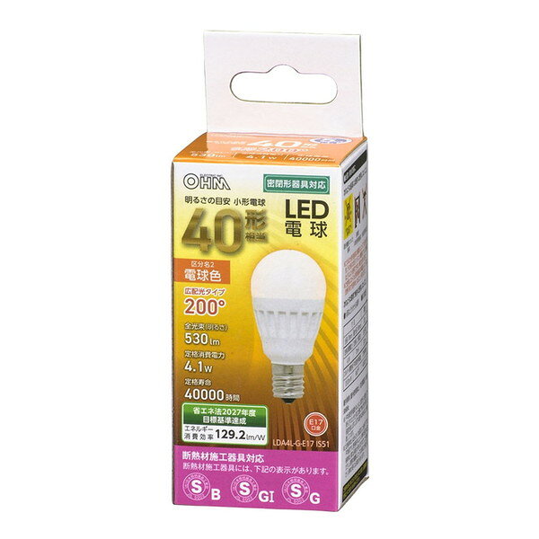 商品説明★ 小形電球40形相当の明るさ★ 約200°の広配光タイプ★ 断熱材施工器具(SB・SGI・SG形表示器具)対応★ 密閉形器具対応★ 省エネ法2027年度目標基準達成★ 電球色★ 口金: E17★ メーカーLED5年保証対象商品※次のような器具には絶対に使用しないこと。・調光機能のついた器具(100%点灯でも使用不可)・誘導灯、非常用照明器具・水銀灯器具など※このほか使用器具の種類によって寸法的、熱的、その他の状況(リモコン機器のついた器具など)により使用できない場合があります。※ご使用になられる照明器具の構造によっては、放熱不良で短寿命となることがあります。※次のような環境で絶対に使用しないこと。・水滴などがかかる場所・直流電源スペック* 寸法: 全長 78mm、最大径 38mm* 質量: 33g* 定格消費電力: 4.1W* 定格入力電流: 70mA* 全光束: 530 lm* エネルギー消費効率: 129.2 lm/W* 平均演色評価数: Ra83* 定格寿命: 40000h* 使用場所: 屋内専用(屋外使用禁止)* 電源: 交流電源 100V 50/60Hz
