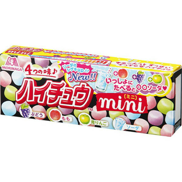 ご注文前にご確認ください※ 12時から14時の時間帯指定はできません。ご指定の場合は14時から16時にて手配いたします。商品説明★ 森永国産史上最少ハイチュウ 「きゅ〜んっとすっぱいちっちゃなハイチュウ」です。※メーカーの都合により、パッケージ・仕様・成分・生産国等は予告なく変更になる場合がございます。※上記理由でのご返品はお受けできませんので、事前お問合せなどご注意のほど宜しくお願いいたします。スペック* 総内容量：40g* 商品サイズ：18×113×40* 成分：砂糖、水あめ、植物油脂、デキストリン、ゼラチン、グレープ果汁パウダー、ストロベリー果汁パウダー、パインアップル果汁パウダー、濃縮アップル果汁、酸味料、香料、光沢剤、乳化剤、アカキャベツ色素、増粘剤(アラビアガム)、ベニバナ黄色素、クチナシ青色素* 生産国：日本* 単品JAN：4902888204210