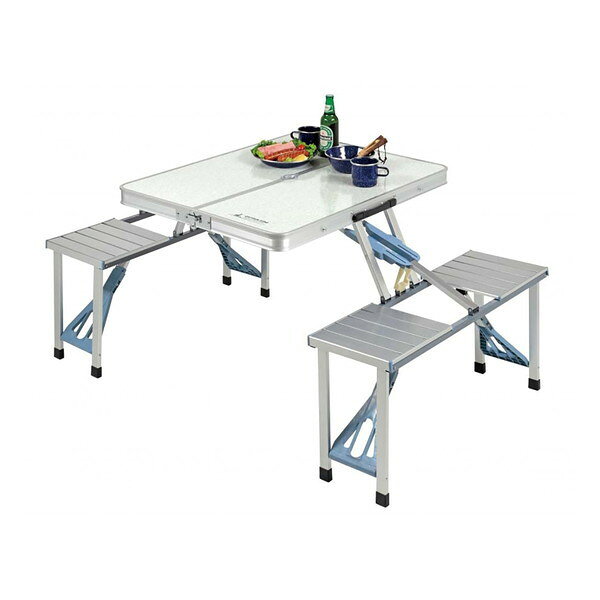 スペック* 重量(約/g)：9300* 品質表示(材質/その他)：〈テーブル部〉甲板の表面材/合成樹脂化粧繊維板、構造部材/アルミニウム合金、表面加工/構造部材・アルマイト〈チェア部〉構造部材/金属(座部・脚部:アルミニウム合金、補強材:鋼)、表面加工/座部・脚部:アルマイト* 仕様/その他：組立サイズ/テーブル:855×670×660、チェア:290×270×400、座面の高さ:400、収納サイズ/880×100×345、耐荷重/テーブル:40kg(均等)、チェア:1面約70kg×4面、ポール外径が32までのパラソルがセットできます。* 原産国：中国