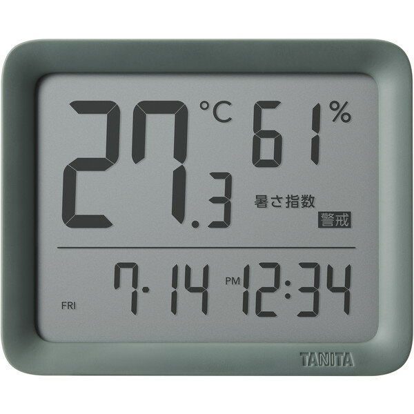 温湿度計 デジタル 電池式 タニタ TC-421-GR スモーキーグリーン TANITA 文字大きい 見やすい 暑さ指数 4段階 乾燥指数 2段階 温度 湿度 時計 カレンダー 壁掛け 置き式 マグネット 暑さ対策 体調管理 室温管理 プレゼント