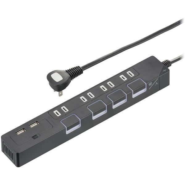 オーム電機 HS-TPKU42K-22 [節電タップ光る押しボタンスイッチ雷ガード4個口 USBポート付き 2mブラック]