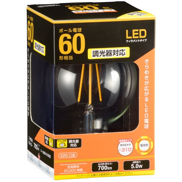 オーム電機 LDG5L/D C6 [LEDフィラメントタイプボール球 E26 60形相当 電球色 調光器対応]