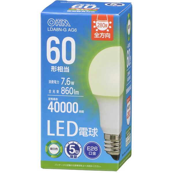 商品説明★ 光の広がり約280°の全方向タイプ・密閉器具対応・省エネ法2027年度目標基準達成・昼白色・口金はE26・LED5年保証対象商品スペック* 寸法: 全長…105mm、外径…55mm* 質量: 42g* 定格消費電力: 7.6W* 定格入力電流: 0.134A* 全光束: 860 lm* エネルギー消費効率: 113.1 lm/W* 平均演色評価数: Ra84* 定格寿命: 40000h※屋内用(屋外使用禁止)※交流電源 100V 50/60Hz 共用[ご注意]※ 次のような器具には使用できません。・調光機能のついた器具(100%点灯でも使用不可)・誘導灯、非常用照明器具・HIDランプ器具、水銀灯器具・直流電源※ このほか使用器具の種類によって寸法的、熱的、その他の状況(リモコン機器のついた器具など)により使用できない場合があります。※ ご使用になられる照明器具の構造によっては、放熱不良で短寿命となることがあります。※ 密閉器具でのご使用の場合、器具の寸法により、使用できない場合や寿命が短くなる場合があります。