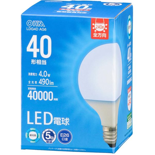 【エントリーでP5倍!20日20:00-27日1:59】 オーム電機 LDG4D AG6 [LED電球 ボール電球形E26 40形相当 G..