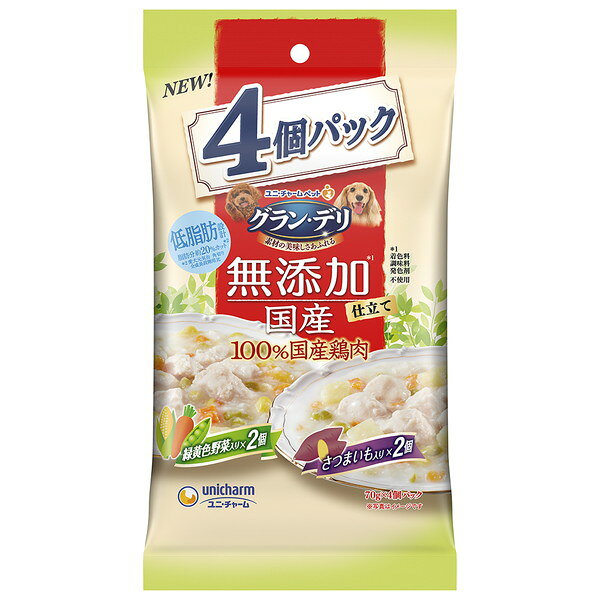 ご注文前にご確認ください※ 商品パッケージや仕様につきまして、予告なく変更されることがございます。※ 賞味期限表示がございます商品は、製造年月から表示期限までになります。商品説明★ 着色料、調味料、発色剤を使用せずに、美味しく調理いたしました。★ 新鮮な国産鶏肉を生肉のまま調理した美味しい鶏ササミのレトルトパウチです。★ 緑黄色野菜入りとさつまいも入りがそれぞれ2個ずつ入った嬉しいアソート4個パック※メーカーの都合により、パッケージ・仕様・成分・生産国等は予告なく変更になる場合がございます。※上記理由でのご返品はお受けできませんので、事前お問合せなどご注意のほど宜しくお願いいたします。スペック* 原材料：【緑黄色野菜入り】肉類(鶏胸肉、ささみ)、野菜類(ニンジン、グリーンピース、スイートコーン)、寒天、こんにゃく粉【さつまいも入り】肉類(鶏胸肉、ささみ)、いも類(さつまいも、こんにゃく粉)、野菜類(ニンジン、グリーンピース、スイートコーン)、寒天* 保証成分：【2種共通】タンパク質5.0％以上、脂質0.5％以上、粗繊維1.0％以下、粗灰分1.5％以下、水分93.0％以下* カロリー：【2種共通】約38kcal/1袋* 賞味期限：24ヶ月