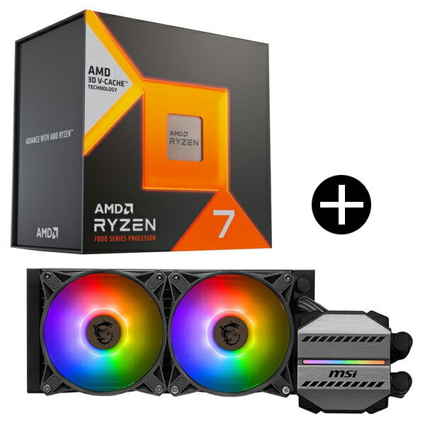 商品説明AMD Ryzen7 7800X3D W/O Cooler (8C/16T 4.2Ghz 120W) 説明・仕様★ ゲーマーやクリエイター向けに設計AMD の驚異的なパフォーマンスを発揮する8コアプロセッサーは、最も要求の厳しいゲーマーやクリエイター向けに設計されています。★ AMD 3D V-Cache テクノロジーZEN4 CCDダイ・L3ダイ・Structual ダイの3つのダイを3層に重ねた3D積層技術「3D V-CacheTechnology」を、最新のRyzen7000シリーズに踏襲しました。★ 最先端の技術最新のDDR5 MemoryとPCIE(Gen5)テクノロジーにより、最先端の技術をお届けする事が可能です。★ AMD Radeon Graphics搭載AMD Radeon Graphicsを搭載。オンボードでの映像出力が可能です。★ AMD EXPOメモリの性能を引き出すAMD EXPOテクノロジーに対応しております。* アーキテクチャー:ZEN4* コア/ スレッド:8 / 16* ブースト / ベース周波数:5.0 / 4.2 GHz* 最大キャッシュ容量:104MB* TDP:120W* PCIEサポート:5.0* 付属クーラー:無し* 内蔵グラフィックス:有り* 生産国:中国------------------------------------MAG CORELIQUID M240 説明・仕様★ 銅製ベース独自のカーブを描く水冷ベースプレートによりCPUを完全にカバーすることができ、強力な冷却性能を実現★ 三相モーターを採用水冷ポンプに耐久性の高い三相モーターを採用し、振動を最小限に抑えて長時間稼働を実現★ 12本の水路を備えたラジエーター12本の高密度水路を備え、冷却されたクーラントを逆流して熱を放散できる分流設計を採用し、効率を向上させます。★ 蒸発防止水冷チューブ設計三層メッシュプラスチック水冷管設計を採用し、外部メッシュ構造が強化され、水冷液の蒸発を効果的に減らすことができます。★ ダブルボールベアリングファンを搭載ラジエーターファンにはダブルボールベアリングファンを搭載。優れた静音性を実現します。* ファン数：2* ファンサイズ：120×120×25 mm* ファン速度：500〜2000 RPM* 風量：21.63〜78.73 CFM* ファンノイズ：14.3〜34.3dBA* 風圧：0.23〜2.39mmH2O* ベアリング：2ボールベアリング* ファン平均寿命：70000時間* ファン消費電力：4.2W* ファンケーブル長さ：350mm* ラジエーターサイズ：240mm* ラジエーター寸法：277×120×27 mm* ラジエーター素材：アルミニウム* ラジエーターチューブ：ブラックラバー + メッシュ* チューブ長さ：400mm* CPUブロック素材：銅 + プラスチック* ブロック寸法：67.26×59.95×55.9 mm* 対応ソケット(Intel)：LGA1150/1151/1155/1156/1200/2011/2011-3/2066/1700* 対応ソケット(AMD)：AM5/AM4* アクセサリ：1 to 2 ファン PWMケーブル x1、PSU Molex 4-Pin to 4-Pin(2 Pin Wired) Fan cable×1* ポンプノイズ：20dBA* ポンプ回転数：3100 RPM* ポンプコネクタ：3pin