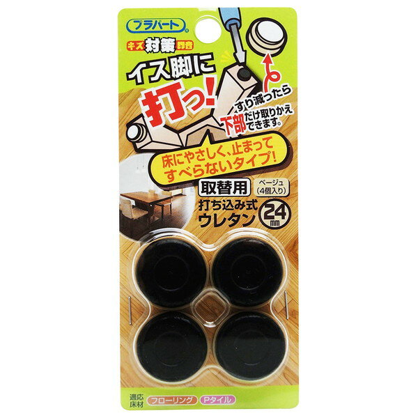 商品説明★ 商品説明「WAKI　イス脚に打つ！」の下部取替用。擦り切れたり、悪くなった下部面のみを取り替えることができます。床にやさしく止まってすべらないタイプです！★ 用途床面のキズ、音防止に最適です。★ 注意製品を打ち込む際は、プラスチックハンマーまたは、木ハンマーをご使用下さい。本製品は打ち込み式イス脚保護材専用の取替え下部商品です。本製品は屋内家具専用です。屋外での使用はお控え下さい。用途以外のご使用はおやめください。誤った使用方法による事故・破損に関しまして、当社は一切責任を負いかねます。本製品は改良等の目的から、仕様・寸法・材質・台紙等を予告なしに変更する場合があります。予めご了承ください。スペック* 仕様：適応床材：フローリング、Pタイル* カラー：ベージュ* 商品サイズ：φD(mm)：24* 材質：下部/ナイロン、底部/ウレタン
