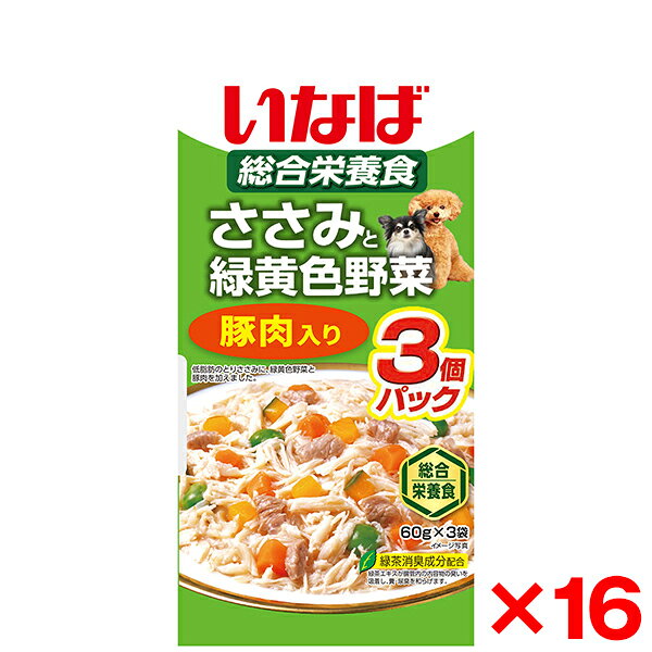 ご注文前にご確認ください※ 商品パッケージや仕様につきまして、予告なく変更されることがございます。※ 賞味期限表示がございます商品は、製造年月から表示期限までになります。商品説明★ ささみをベースに緑黄色野菜とワンちゃんが大好きな豚肉をトッピングしました。★ ゼリータイプなので、スルッと出せます。★ 総合栄養食★ ビタミンE配合★ 緑茶消臭成分配合で腸管内の内容物の臭いを吸着し、糞・尿臭を和らげます。★ 1日あたりの給与量体重5kg以下：12g、体重5kg〜10Kg：20g、体重10Kg〜20kg：33g、体重20Kg〜40kg：56g、体重40kg以上：75g・給与量はあくまでも目安として、1日1回〜数回に分けてお与えください。※メーカーの都合により、パッケージ・仕様・成分・生産国等は予告なく変更になる場合がございます。※上記理由でのご返品はお受けできませんので、事前お問合せなどご注意のほど宜しくお願いいたします。スペック* 個装サイズ：225×110×30* 個装重量：210* 原材料(成分)：鶏肉(ささみ)、野菜(人参、かぼちゃ、グリンピース)、豚肉、大豆油、でん粉、寒天、ミネラル類(Ca、Fe、Cu、Mn、Zn、I、K、Mg、Se)、増粘多糖類、ビタミン類(A、D3、E、B1、2、B6、葉酸、B12、コリン、ビオチン)、紅麹色素、緑茶エキス* 保証成分：たんぱく質7.0%以上、脂質1.3%以上、粗繊維0.4%以下、灰分1.8%以下、水分89.5%以下* エネルギー：約30kcal/袋* 賞味/使用期限(未開封)：24ヶ月