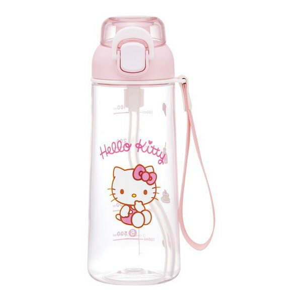 PSHPO6 ハローキティ スケーター サンリオ [プッシュ式 ストロー クリア ボトル 水筒 (630ml 子ども用 ストラップ付)]