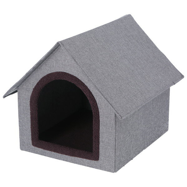 ご注文前にご確認ください※ 商品パッケージや仕様につきまして、予告なく変更されることがございます。商品説明★ 三角屋根のかわいいシルエットと落ち着いたカラーで自然とお部屋に馴染みます。★ 広すぎない入口で中の温められた空気をキープ。またロータイプなので、負担なく出入りができます。★ ハウス内のクッションにはポリエステルボアを使用。やわらかい質感でペットが快適にくつろげます。★ 中は約幅44×奥行50cmと広く、大きな体のペットでも快適に使用することができます。★ 屋根はマジックテープ式で簡単に開けることができます。中の様子を確認したり、お掃除の時もラクラクです。★ 開いた本体に底板とクッションを入れて屋根をのせるだけ！使わない時は折りたたんで、厚さ5cmまでコンパクトに！スペック* 開口部: W250×H270mm* 素材: MDF/ポリエステル/ウレタン* 生産国: 中国