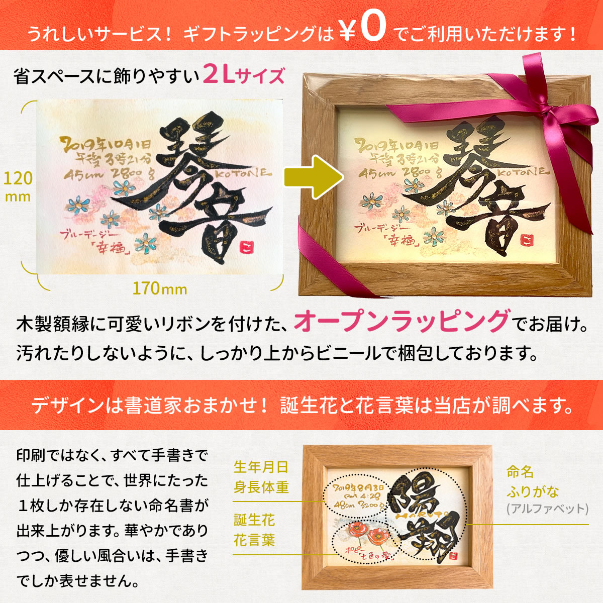 送料無料 独特の素材 命名紙 オーダー 代筆 かわいい おしゃれ 用紙 額 台紙 手書き 出産祝い 男の子 女の子 ベビーギフト 2lサイズ 命名書 記念品 世界でひとつ 赤ちゃん 名入れ 誕生花のイラスト入り ギフト 名前入り お七夜 記念品 プレゼント 花言葉