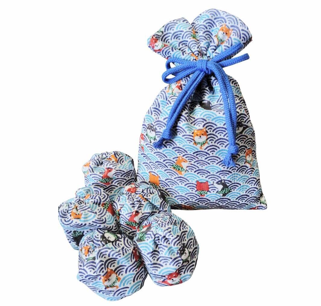 送料無料1000円ポッキリ　綺麗な　和柄　波　唐草　柴犬　模様お手玉5個セット　袋付き　ボケ防止・脳の活性化、知育、ストレス解消・発散、母の日・敬老の日などのプレゼントにも！　手作り　ハンドメイド　1個40g竹小豆使用/綿100％/国際公認規格/ダブルガーゼ